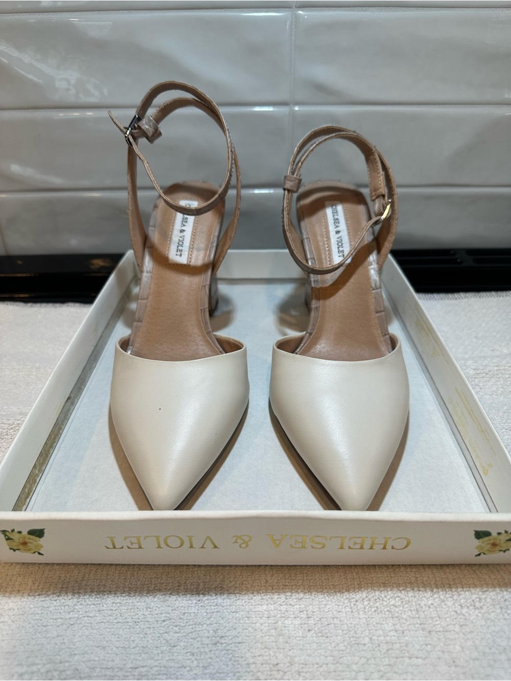 Chelsea & Violet Ivory Mary Pointed-Toe Ankle-Strap Pumps